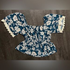 AUW Navy Floral Blouse with Lace Trim